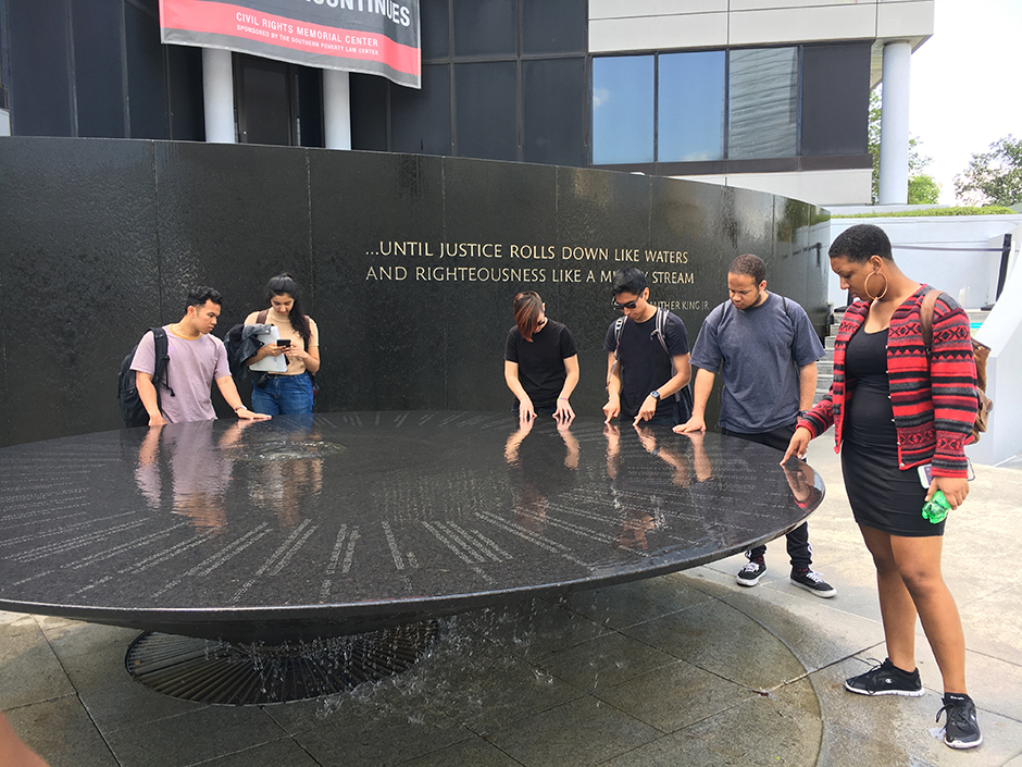 students around a fountain